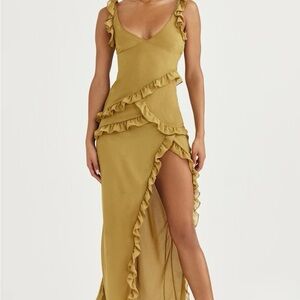 Elegant Mustard Ruffle Dress house of CB PIXIE